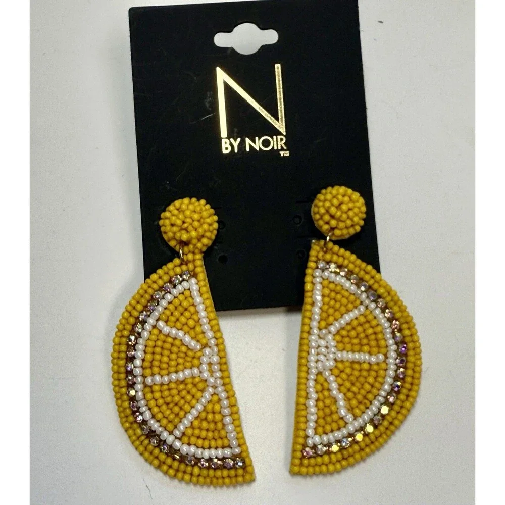 N By Noir Yellow Sead Bead & Rhinestone Beaded  Lemon Slice Dangle Earrings